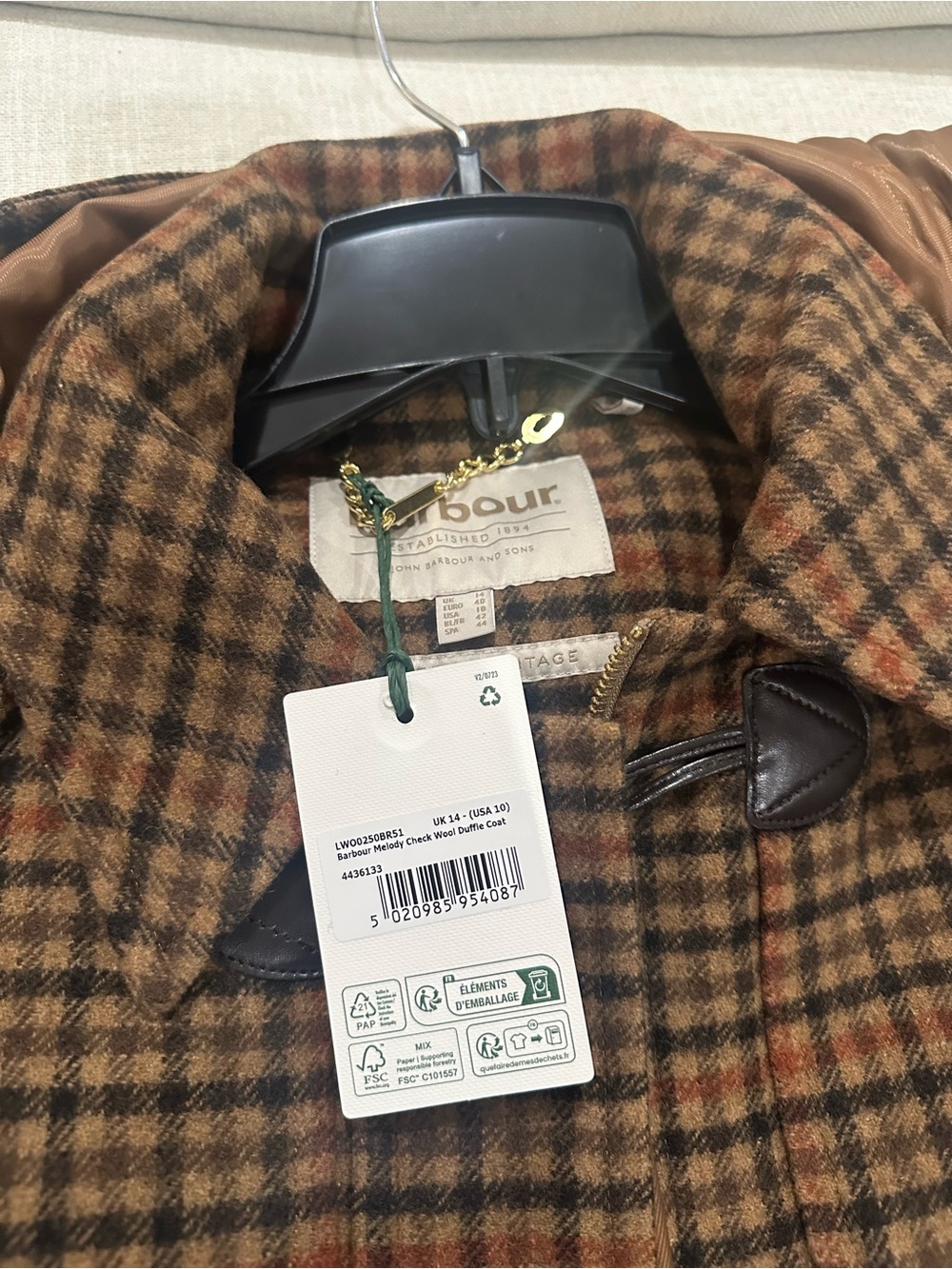 NWT Barbour Melody Check Wool Duffle Coat Brown Plaid US 10 - Picture 2 of 7